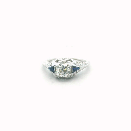 Antique 18K White Gold Natural Diamond & Lab Created Sapphire Ring
