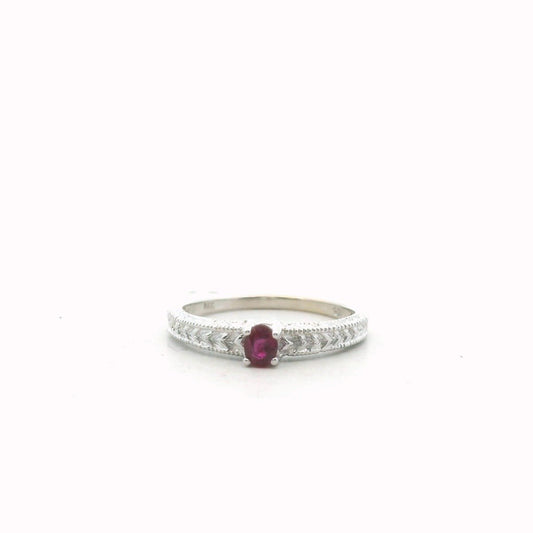 14K White Gold Ruby Carved Milgrain Accent Ring