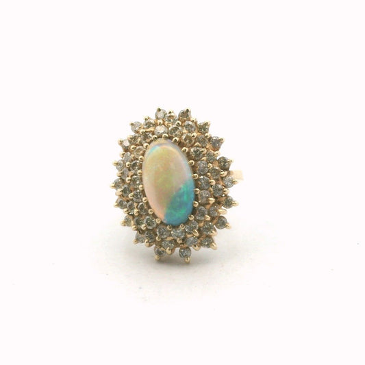 Vintage 14K Yellow Gold Diamond & Opal Cocktail Ring