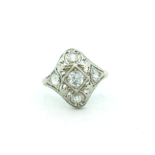 Antique Deco 18K White Gold Diamond Filigree Ring