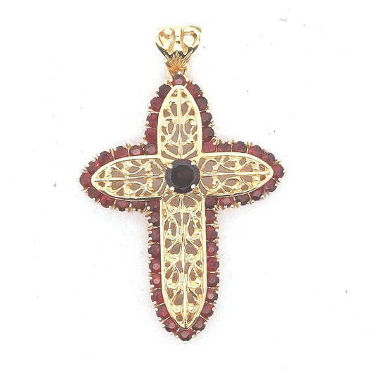 Vintage $1900 18K Yellow Gold Garnet Cross Pendant