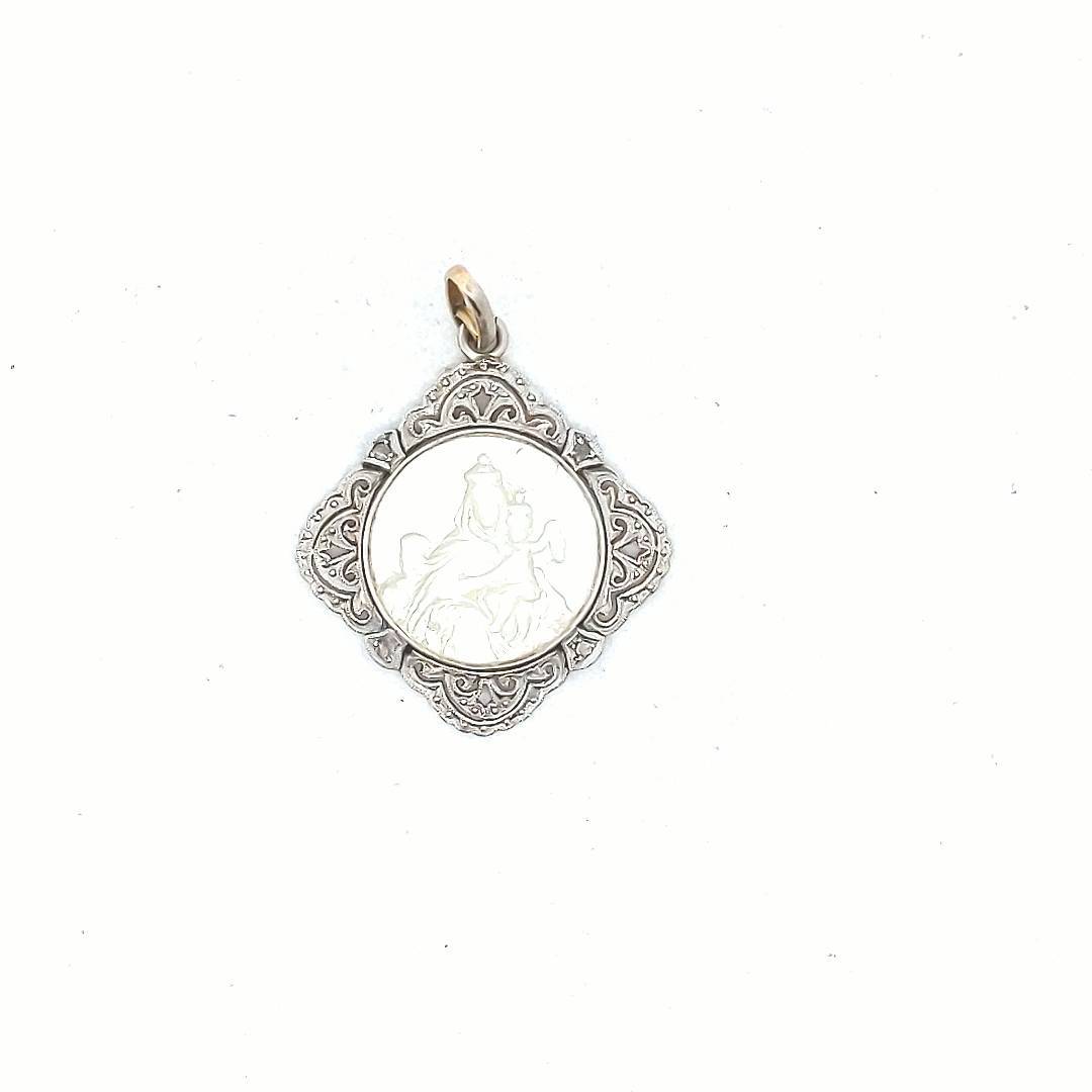 18K Yellow Gold Platinum Diamond Mother of Pearl Mother Mary & Child Pendant