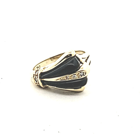 Vintage 14K Yellow Gold Abstract Asymatrical Diamond & Onyx Ring