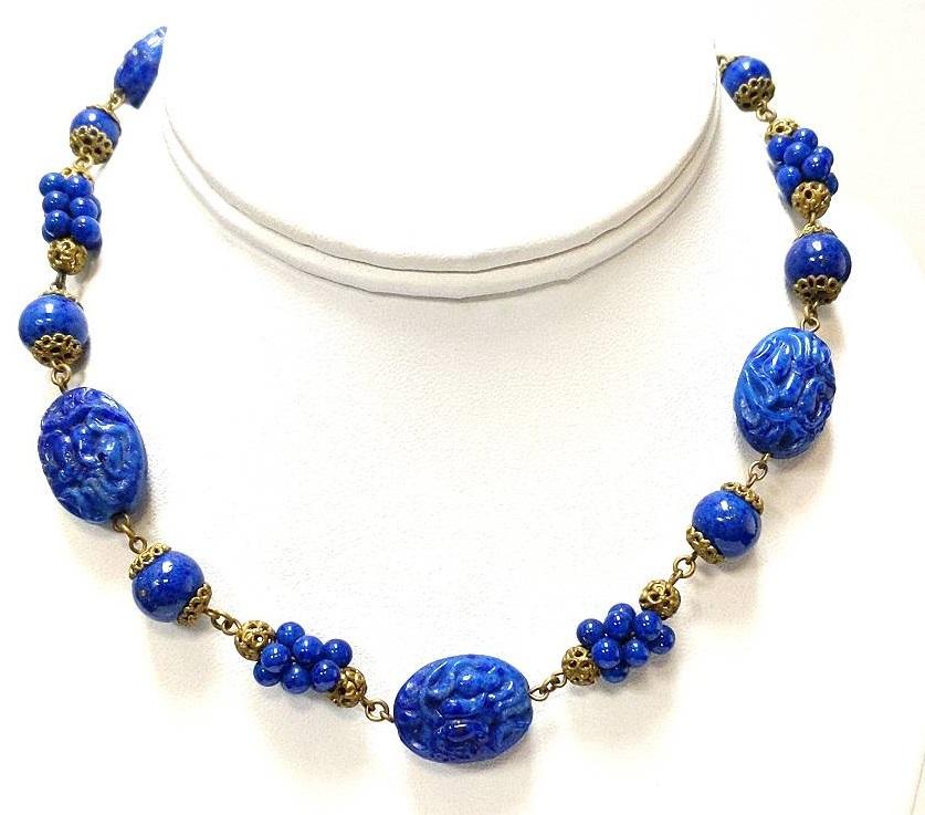 Antique $80 Czech Blue Costume Base Metal Glass Bead Necklace