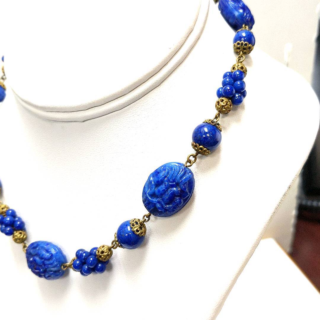 Antique $80 Czech Blue Costume Base Metal Glass Bead Necklace