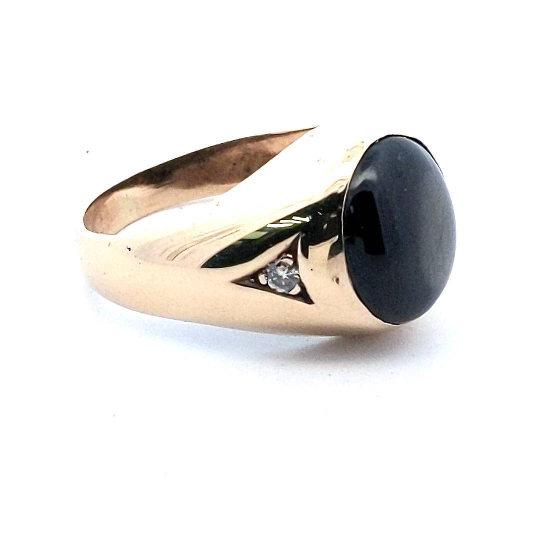 Mens Vintage 14K Yellow Gold Black Star Sapphire Diamond Ring