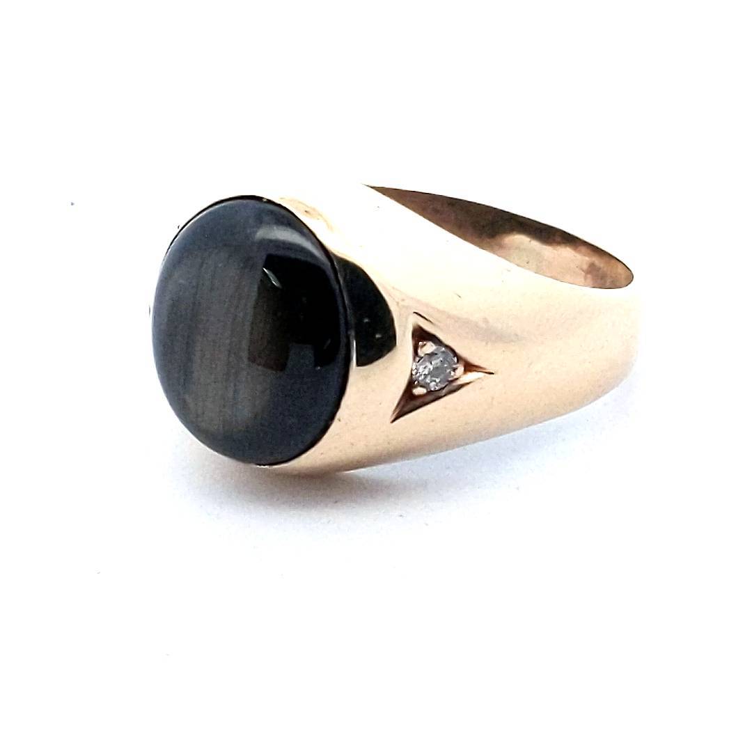 Mens Vintage 14K Yellow Gold Black Star Sapphire Diamond Ring
