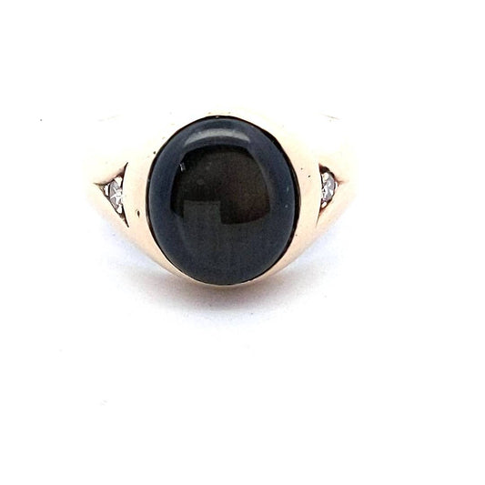 Mens Vintage 14K Yellow Gold Black Star Sapphire Diamond Ring