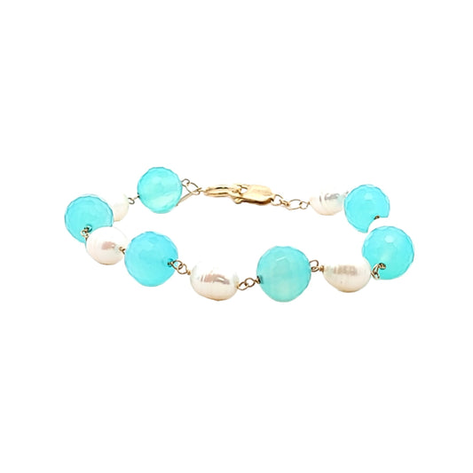 Zoe B. 14K Yellow Gold Blue Chalcedony & Freshwater Pearl Bead Bracelet