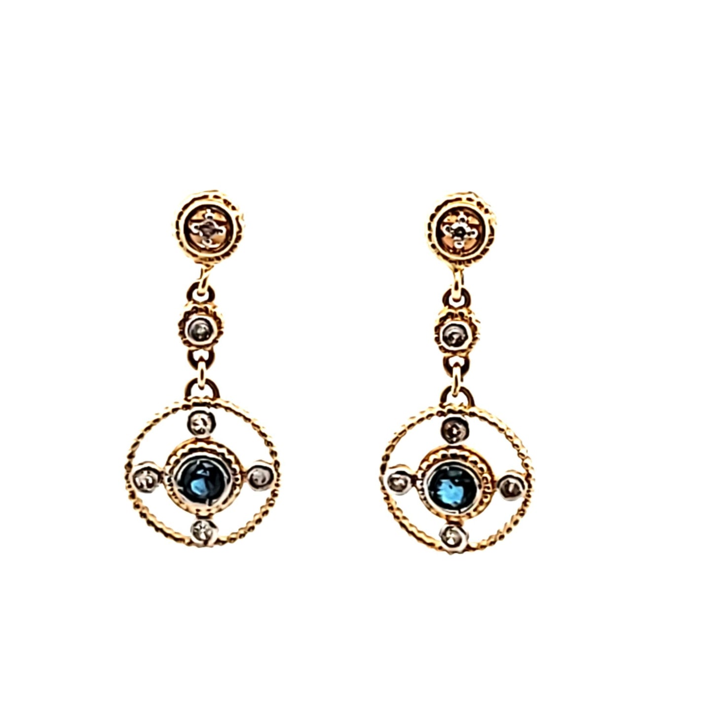 14K Two Tone Gold Diamond & Sapphire Circle Drop Earrings