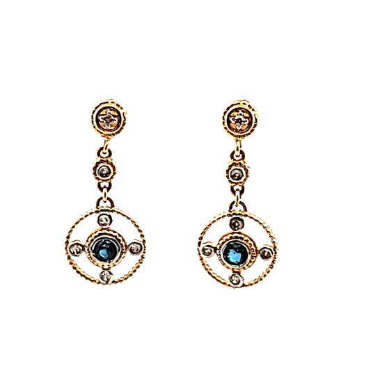 14K Two Tone Gold Diamond & Sapphire Circle Drop Earrings
