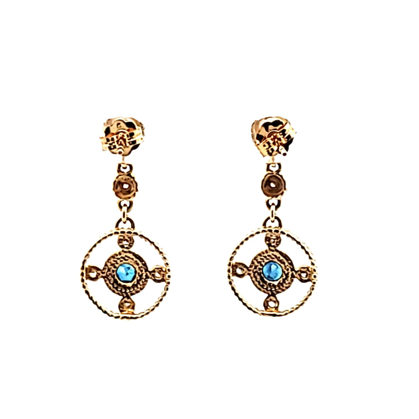 14K Two Tone Gold Diamond & Sapphire Circle Drop Earrings