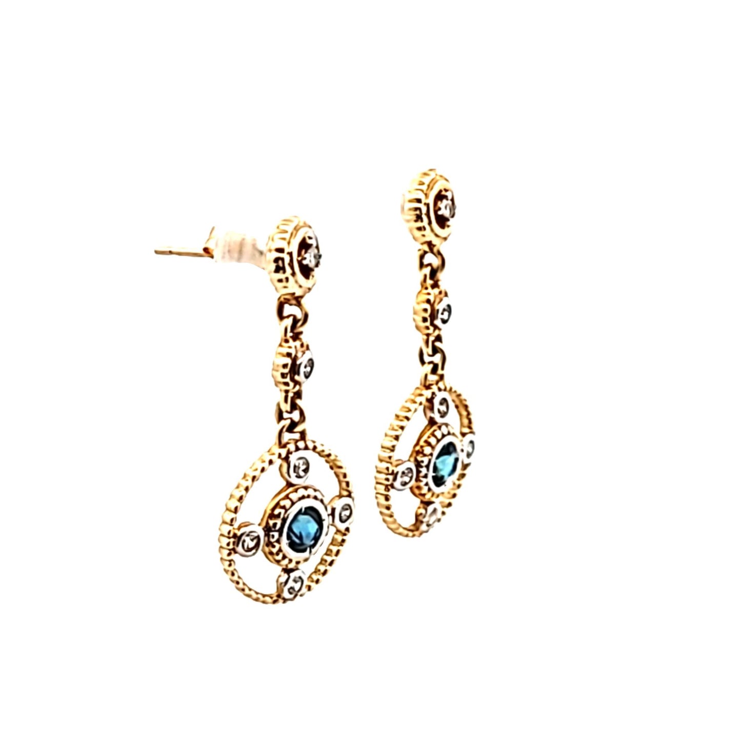 14K Two Tone Gold Diamond & Sapphire Circle Drop Earrings