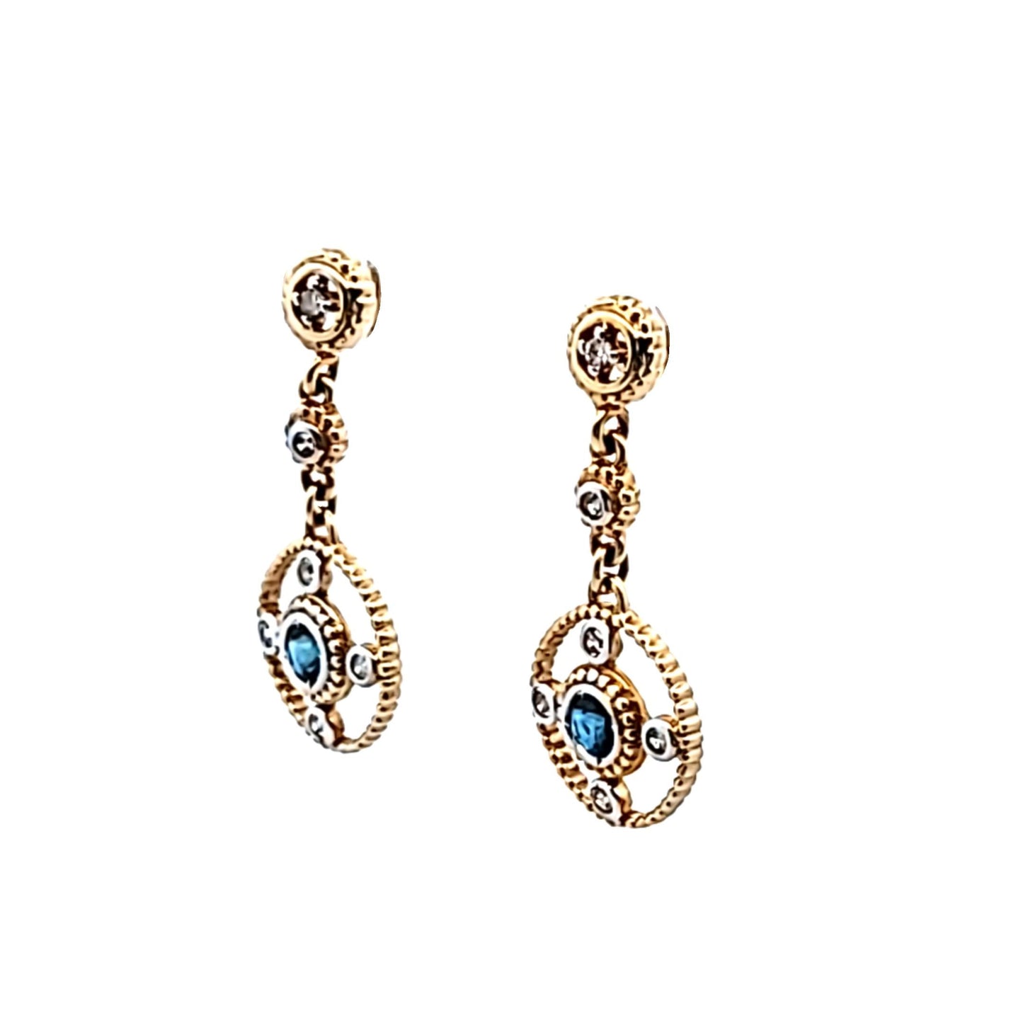 14K Two Tone Gold Diamond & Sapphire Circle Drop Earrings
