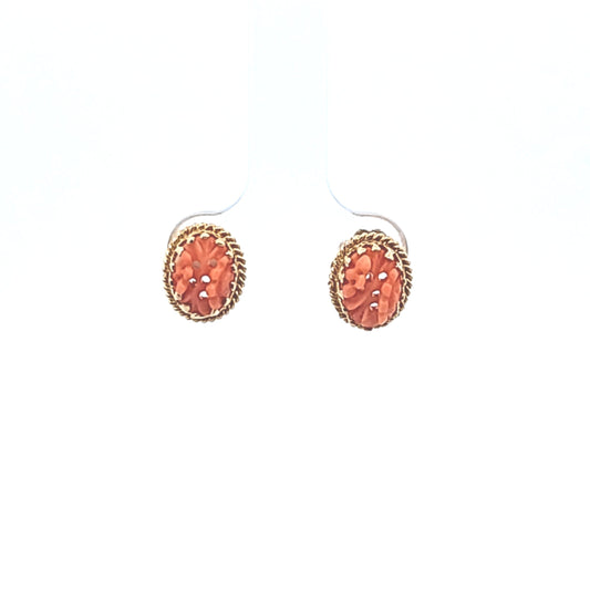 Vintage 14K Yellow Gold Carved Coral Stud Earrings