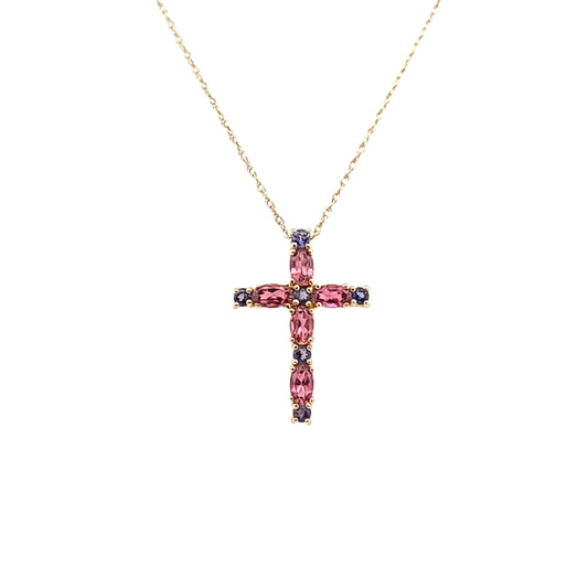 14K Yellow Gold 14K Yellow Gold Pink Tourmaline & Iolite Cross Necklace