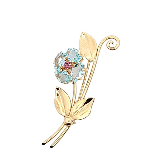 Retro 14K Yellow Gold Aquamarine & Garnet Flower Brooch