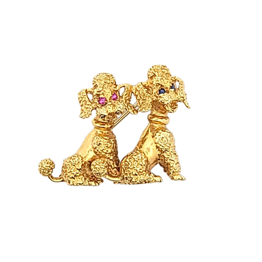 Vintage Davide Molina 18K Yellow Gold Ruby & Sapphire Poodle Brooch