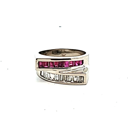 Modern 14K White Gold Baguette Diamond & Ruby Bypass Ring