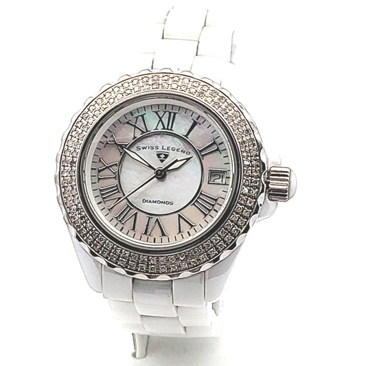 Stainless Steel Ceramic Swiss Legend Mother of Pearl Diamond Watch