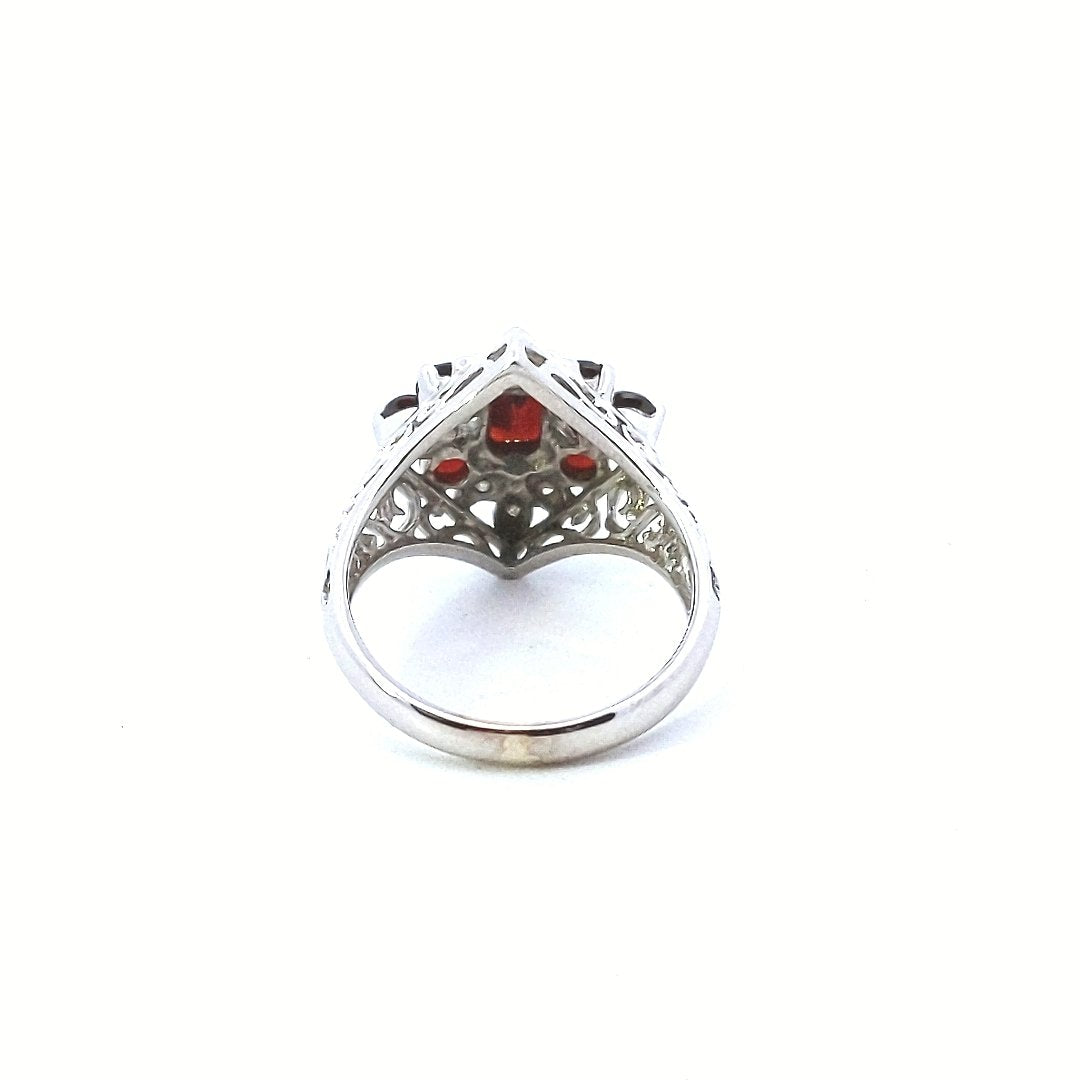 Estate $500 14K White Gold Garnet Diamond Cluster Ring With Scrollwork