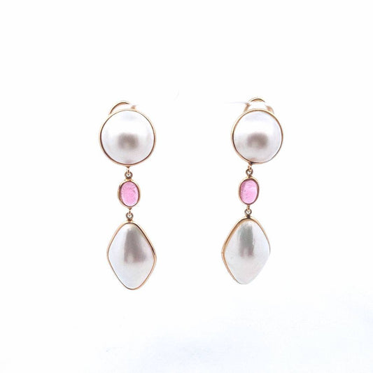 Vintage $790 14K Yellow Gold Mabe Pearl Pink Tourmaline Drop Earrings