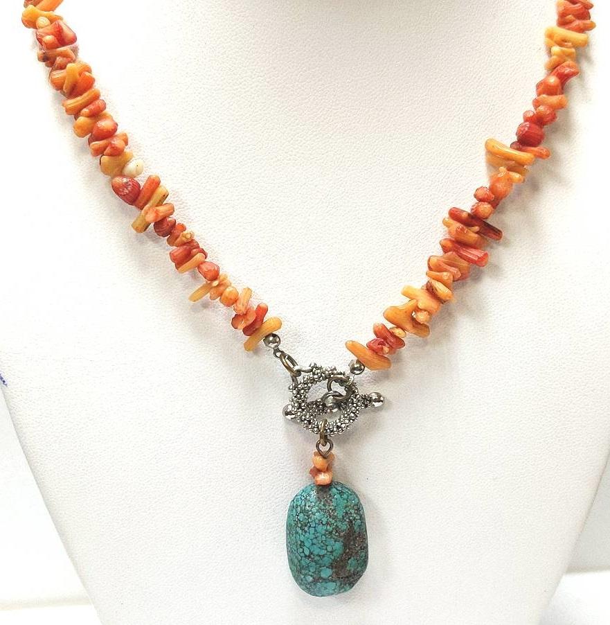Estate $350 Coral Turquoise Sterling Silver Necklace
