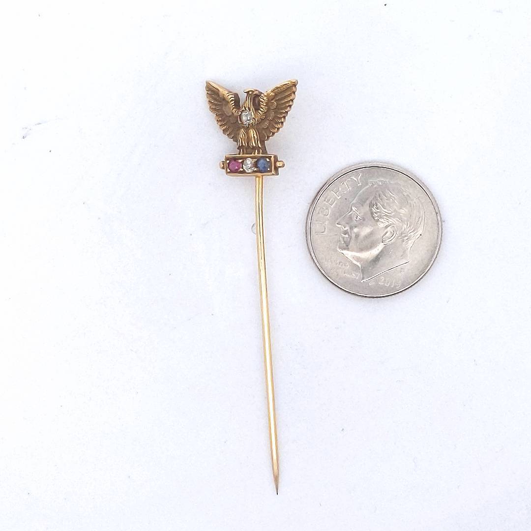 Antique $650 14K Yellow Gold Ruby Diamond Sapphire Eagle Stick Pin