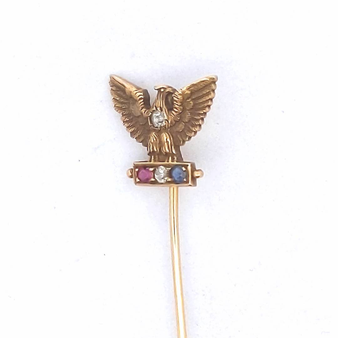 Antique $650 14K Yellow Gold Ruby Diamond Sapphire Eagle Stick Pin