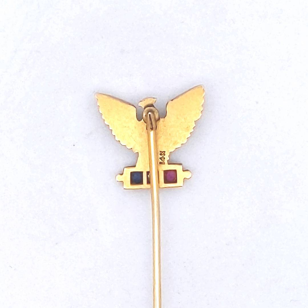 Antique $650 14K Yellow Gold Ruby Diamond Sapphire Eagle Stick Pin