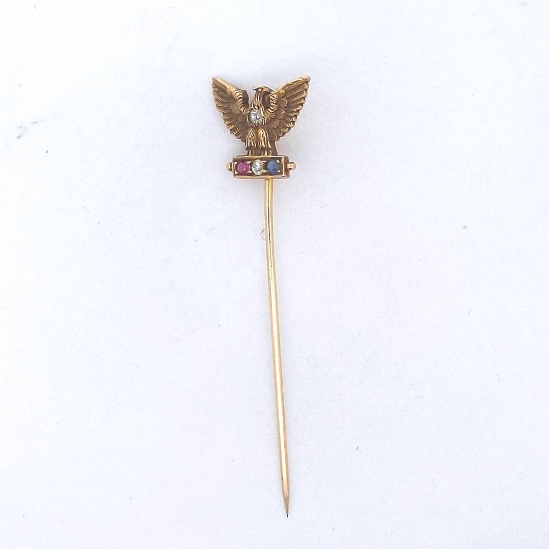 Antique $650 14K Yellow Gold Ruby Diamond Sapphire Eagle Stick Pin