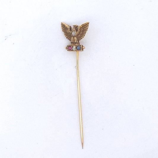 Antique $650 14K Yellow Gold Ruby Diamond Sapphire Eagle Stick Pin
