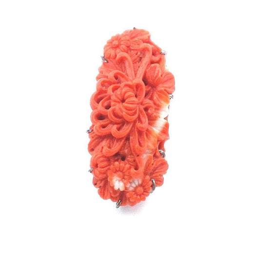 Vintage $350 Sterling Silver Carved Coral Ring