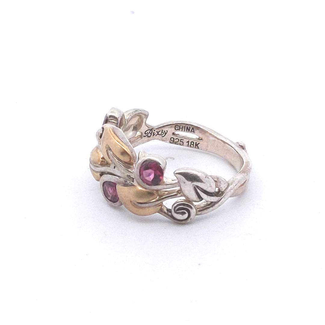 Designer $100 Sterling 18K Gold Bixby Garnet Leaf Design Ring
