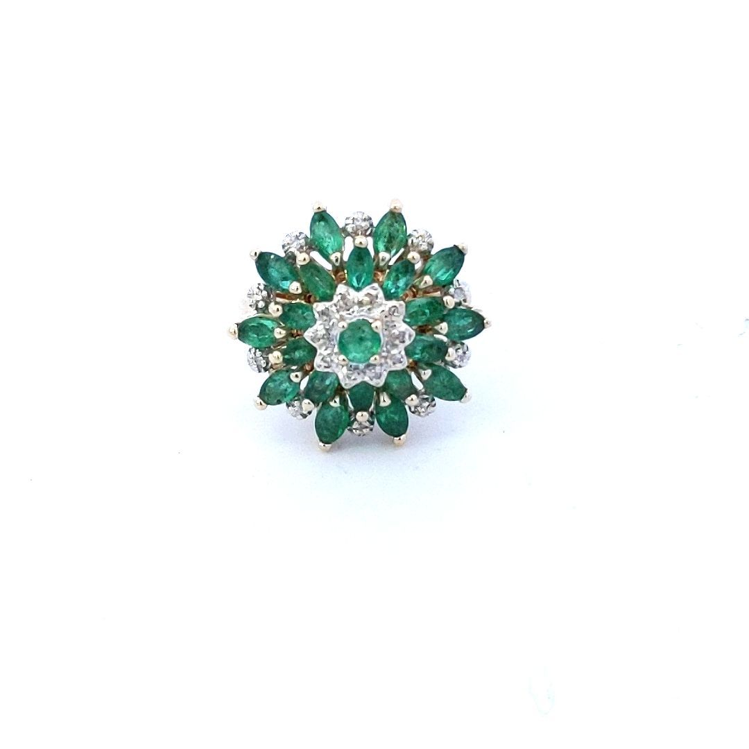 Estate $900 14K Two Tone Gold Emerald & Diamond Cluster Cocktail Ring