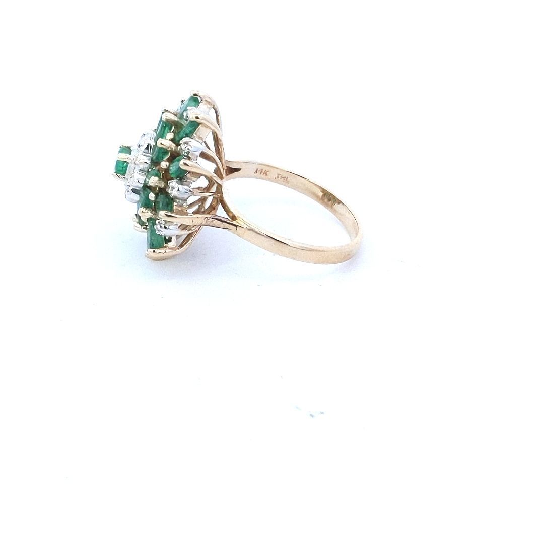 Estate $900 14K Two Tone Gold Emerald & Diamond Cluster Cocktail Ring