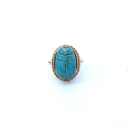 Estate $900 14K Yellow Gold Egyptian Faience Scarab Bead Ring