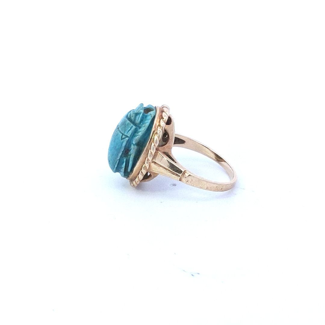Estate $900 14K Yellow Gold Egyptian Faience Scarab Bead Ring