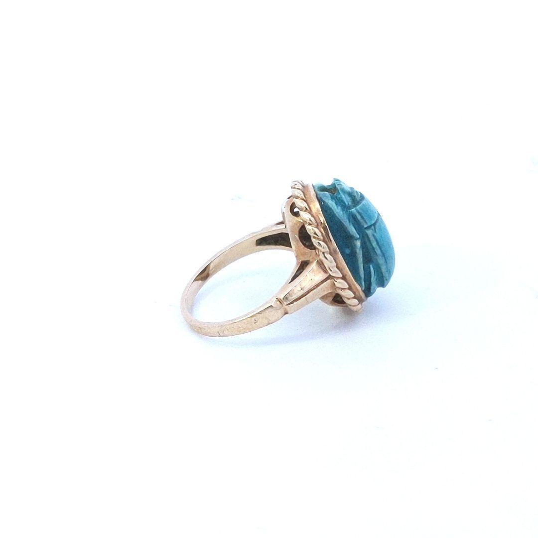 Estate $900 14K Yellow Gold Egyptian Faience Scarab Bead Ring