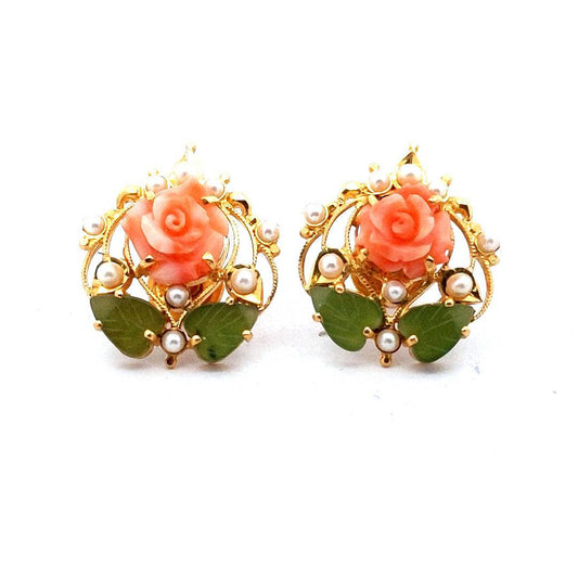 Vintage 22K Yellow Gold Coral Rose Nephrite Jade Leaf Pearl Earrings
