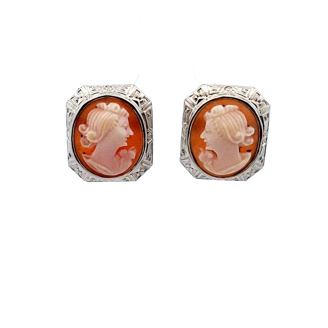 Vintage 14K White Gold Art Deco Cameo Screw Back Earrings