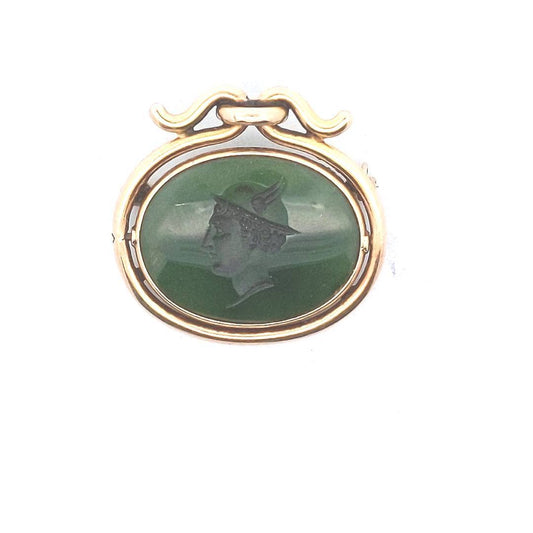 Antique $1500 14K Yellow Gold Victorian Nephrite Intaglio Brooch