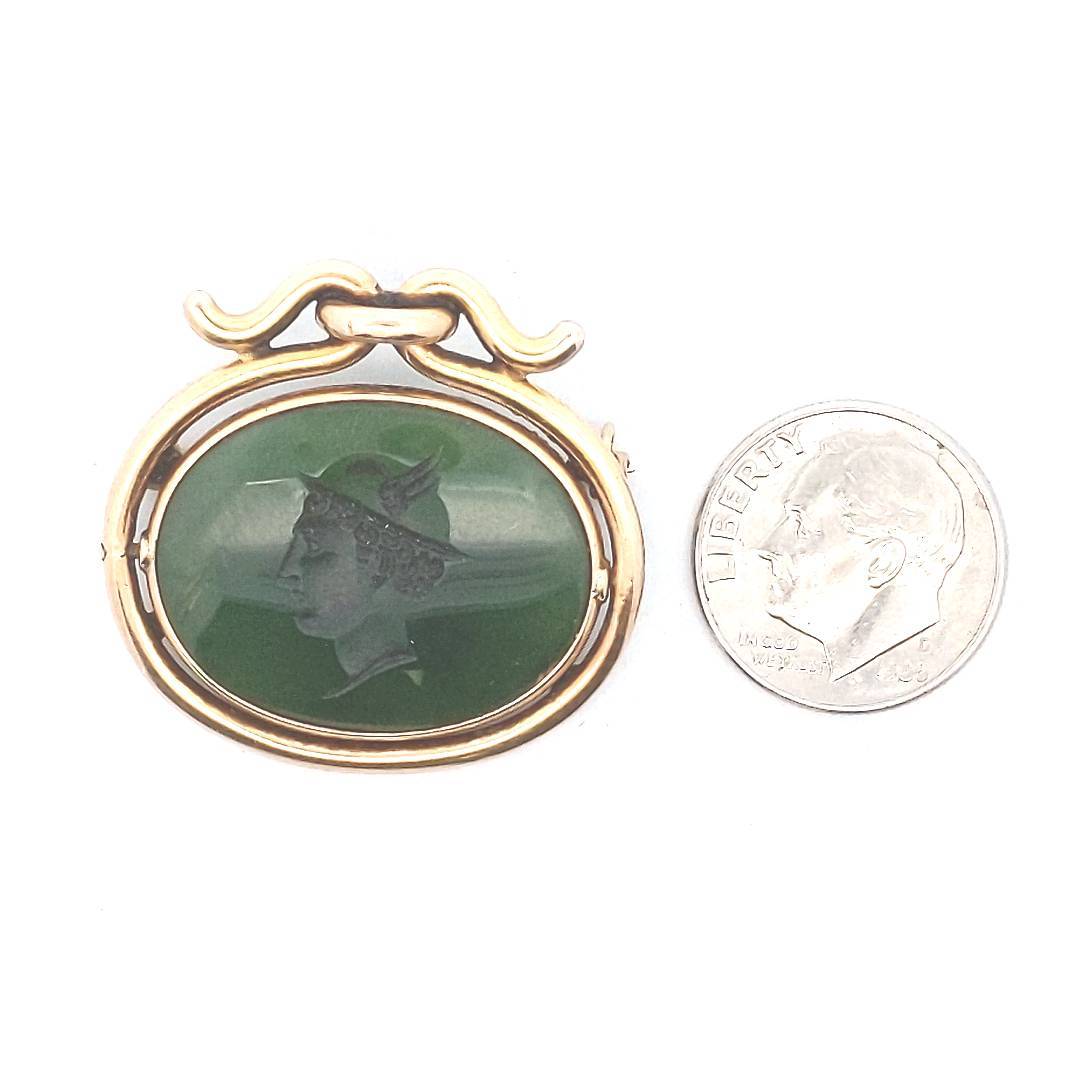 Antique $1500 14K Yellow Gold Victorian Nephrite Intaglio Brooch