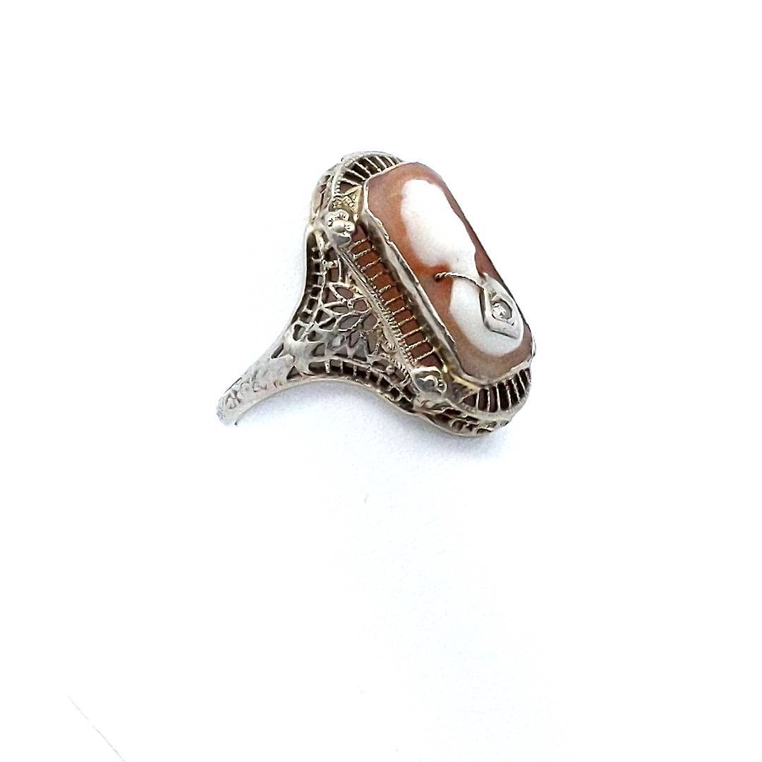 Antique $235 14K White Gold Edwardian Cameo Diamond Filigree Ring