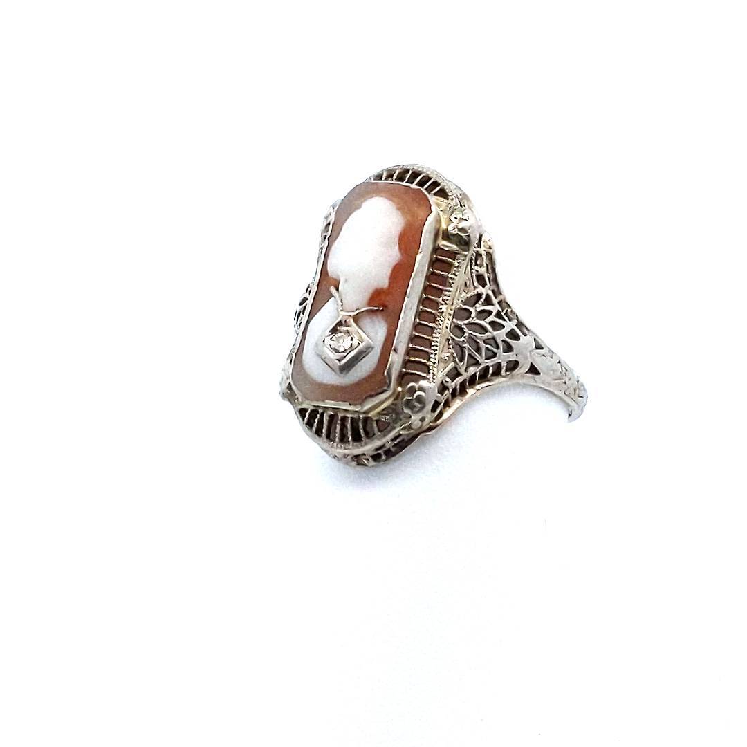 Antique $235 14K White Gold Edwardian Cameo Diamond Filigree Ring