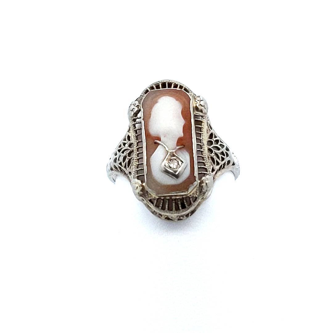 Antique $235 14K White Gold Edwardian Cameo Diamond Filigree Ring