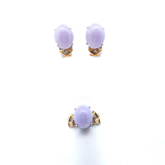 Vintage 18K Two Tone Gold Lavender Jadeite Diamond Jewelry Set