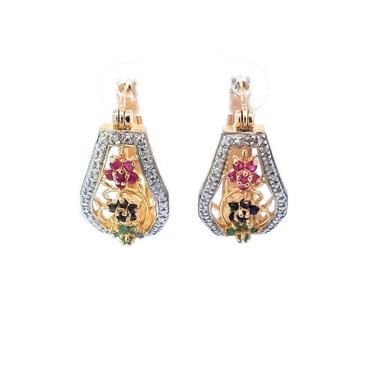Estate $100 Sterling Silver Vermeil Diamond Ruby Sapphire Emerald Hoop Earrings