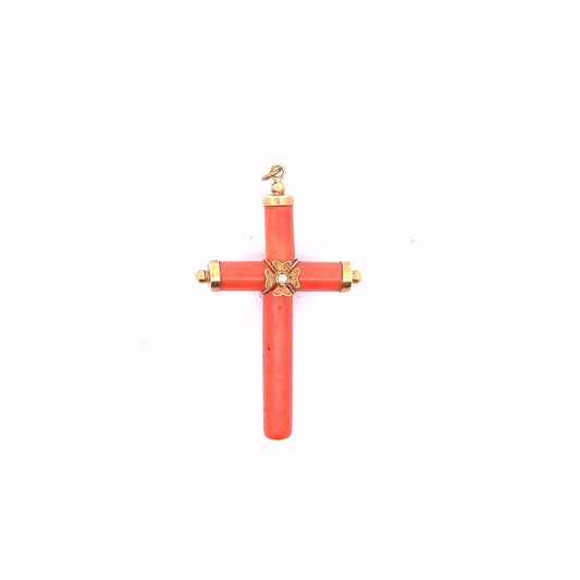 Antique $600 18K Gold Natural Coral & Pearl Cross Pendant