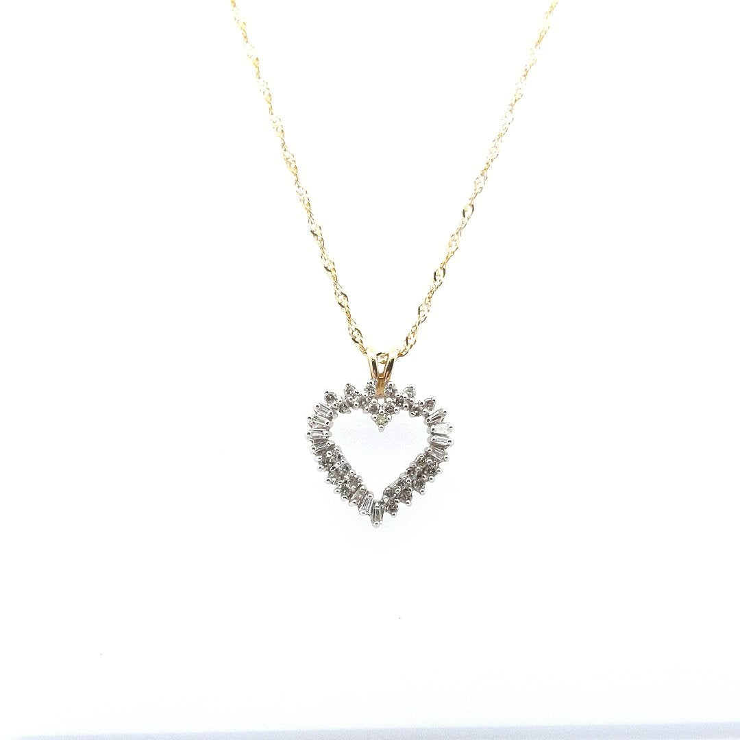 Estate $950 14K Two Tone Gold Baguette Diamond Heart Necklace